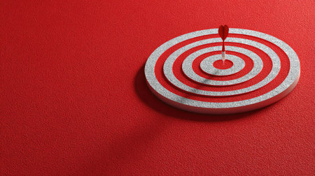 This image features a striking target design with a heart at its center, set against a vibrant red background, symbolizing focus and achievement in personal goals.の素材