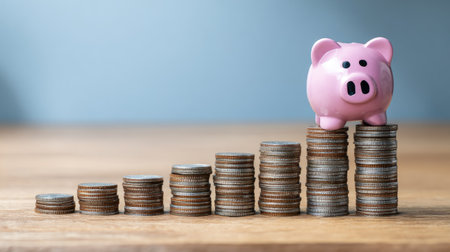 A charming pink piggy bank sits atop stacked coins, symbolizing savings growth and effective financial planning to secure a prosperous future.の素材