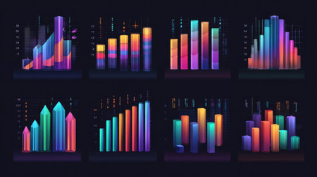 A stunning collection of vibrant data visualization charts and graphs showcases various styles and colors, ideal for modern business presentations and analytics.の素材
