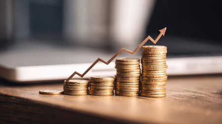 A close-up view of stacked gold coins with an upward-pointing graph arrow on an office desk, symbolizing financial growth and successful investment strategies.の素材
