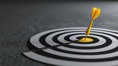 A vibrant yellow dart strikes the center of a black and white target on a textured dark surface, symbolizing focus and precision for achieving goals in various pursuits.の素材