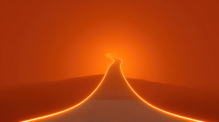 A mesmerizing view of a winding road shrouded in fog, illuminated by a warm glow. This captivating scene embodies mystery and invites viewers to explore the enchanting journey ahead.の素材