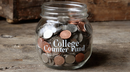 A charming glass jar filled with various coins serves as a visual representation of financial saving for college expenses, showcasing practical budgeting.の素材