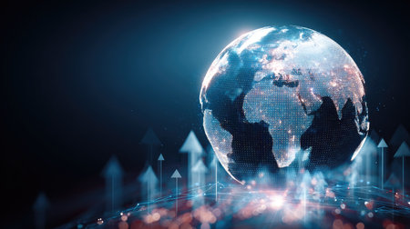 This stunning digital artwork showcases the Earth with intricate details, surrounded by vibrant arrows to represent growth and global connectivity in a futuristic setting.の素材