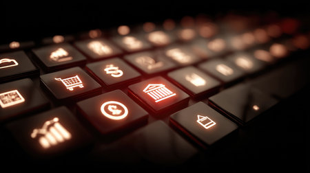 This image showcases a close-up view of a digital keyboard featuring illuminated icons that represent finance, banking, and online shopping in a modern setting.の素材