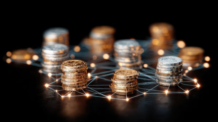 This image showcases stacks of coins symbolizing cryptocurrency and blockchain technology, interconnected with network lines on a dark background. Ideal for financial themes.の素材