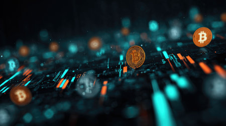 A captivating digital landscape showcasing floating bitcoin coins in a vibrant, futuristic setting filled with glowing lines. Ideal for conveying innovation in finance and technology.の素材