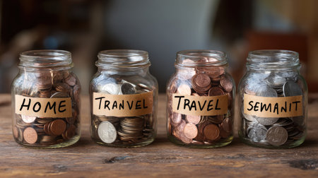 This image showcases jars filled with coins labeled for various saving goals, including home and travel, depicting effective budgeting and financial planning strategies.の素材