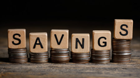 A creative representation of savings, showcasing stacked coins and wooden blocks spelling "savings," symbolizing financial management and wealth-building in a rustic ambiance.の素材