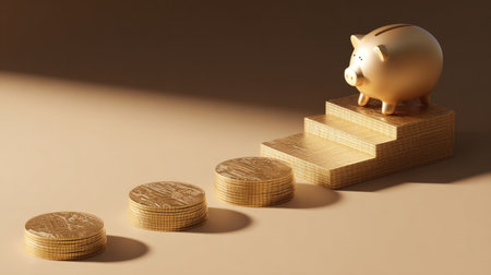 A captivating representation of a golden piggy bank on a staircase made of coins, illustrating the steps to financial success and the importance of saving and investing wisely.の素材