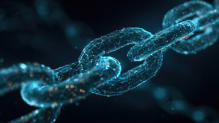 This abstract image features a glowing digital chain link, representing technology and security. The design incorporates bright particles and a futuristic feel, ideal for tech-related themes.の素材