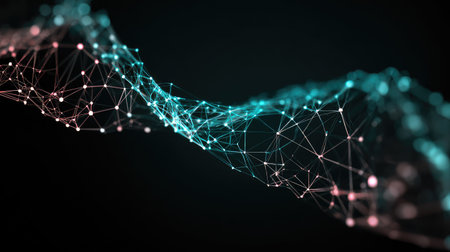 This image showcases an abstract digital wave composed of glowing connections and points, representing the dynamic flow of data and technology in a visually striking manner.の素材