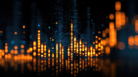 Stunning abstract representation of data visualization featuring glowing orange and blue elements on a dark background, ideal for technology, statistics, and modern design themes.の素材
