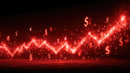 A striking abstract image featuring a glowing red financial chart with currency symbols, illustrating dynamic stock market trends and economic growth in a digital format.の素材