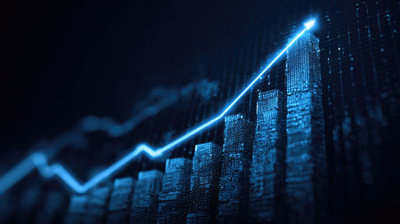 Visualize the concept of growth with an illuminating arrow over a digital cityscape, symbolizing financial progress, technological advancements, and successful data analytics.の素材
