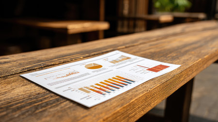 A detailed business report featuring various charts and graphics, displayed on a rustic wooden table in a modern workspace, offering key insights and analysis.の素材
