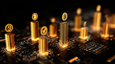 This image showcases golden cryptocurrency symbols against a dark digital data background, symbolizing growth and innovation in the cryptocurrency market and investment trends.の素材