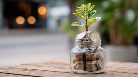 A vibrant green plant emerges from a jar filled with coins, symbolizing growth and investment in wealth and sustainability. Emphasizing the connection between finance and nature.の素材