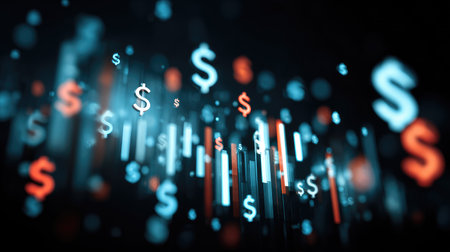 A captivating abstract image illustrating financial growth through floating dollar signs and dynamic light trails. Ideal for finance-related projects and concepts.の素材