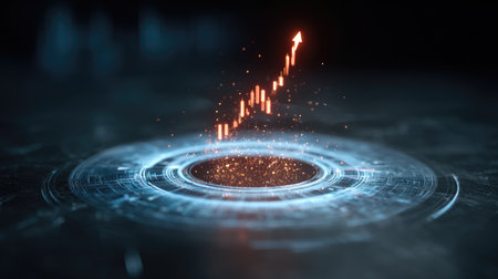 This image illustrates the concept of financial growth, featuring a digital interface with an upward arrow and sparkles, symbolizing progress and success in business.の素材