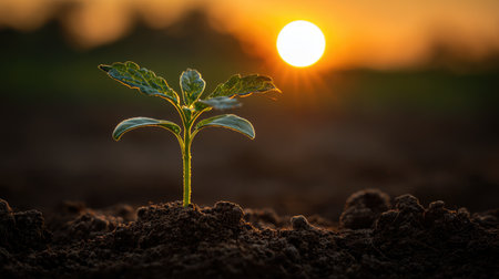 A young plant sprouts from the dark brown soil, illuminated by a warm sunset. This image captures the essence of growth, renewal, and the beauty of nature.の素材