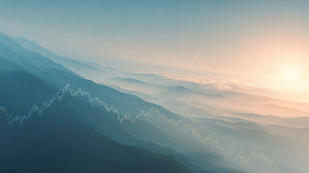 A stunning mountain landscape at sunrise features soft fog rolling over peaks with an overlay of a graph, symbolizing growth and harmony in nature's beauty.の素材