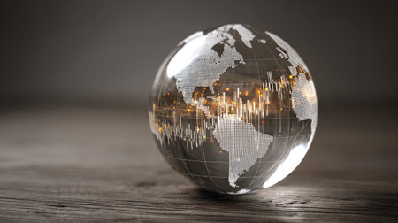 A stunning crystal globe displaying a world map with dynamic light effects and sound wave patterns, set against a wooden background, perfect for global themes.の素材
