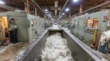 This image showcases an industrial processing facility with machinery and wool flowing through a conveyor belt, highlighting the dynamic workflow in a large manufacturing environment.の素材