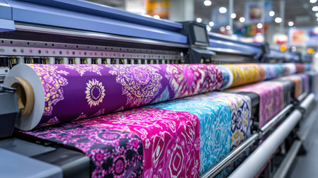 A vibrant display of colorful textile rolls on a digital printing machine, showcasing intricate patterns and designs in a modern factory setting focused on fabric production.の素材