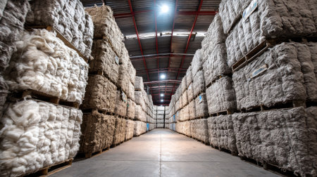 A spacious warehouse showcasing neatly stacked bales of raw material in organized rows, illuminated by bright ceiling lights, reflecting modern industrial efficiency.の素材