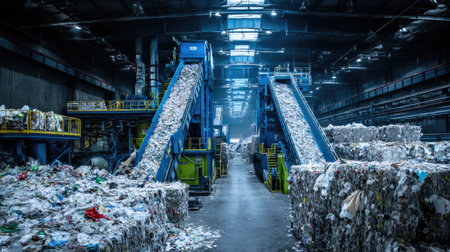 A large industrial facility dedicated to waste management processes, showcasing compactors, piled materials, and recycling operations in a dimly lit environment.の素材