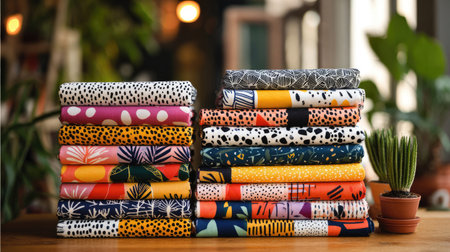 A stunning arrangement of colorful fabric stacks reveals unique patterns and textures in a cozy indoor setting, complemented by warm light and lush greenery.の素材