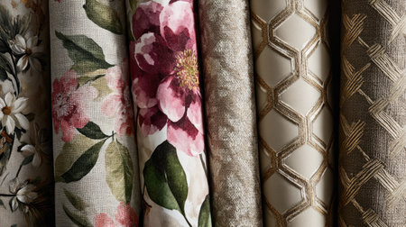 This image showcases a diverse collection of elegant textiles featuring floral and textured patterns, perfect for home decor and fashion design projects.の素材