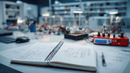 A well-organized engineering workspace featuring an open notebook with drawings and electronic devices, showcasing the intersection of creativity and technology in a lab.の素材