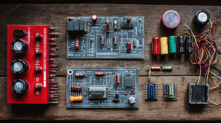 Close-up view of various electronic circuit boards and components arranged neatly on a wooden surface, showcasing design and engineering details for educational purposes.の素材