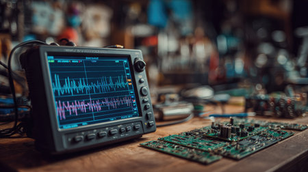 An oscilloscope vividly captures electronic waveforms in a laboratory setting, showcasing detailed data analysis against a backdrop of intricate circuit boards and tools.の素材