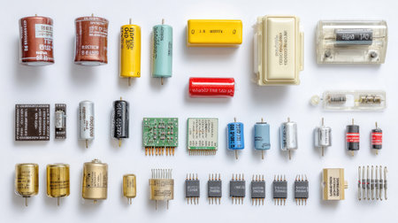 A vibrant arrangement of diverse electronic components showcases various capacitors, resistors, and circuit parts, ideal for technology enthusiasts or educational materials.の素材