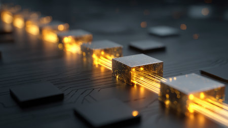 An abstract image showcasing glowing elements on a circuit board, illustrating the interplay of light and technology in a modern digital landscape. Perfect for themes of innovation.の素材