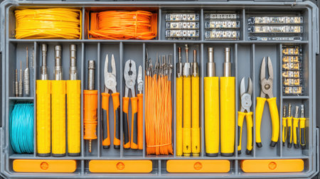 A neatly arranged toolbox featuring an array of tools including pliers, screwdrivers, wires, and fasteners, ideal for both professional and home projects.の素材