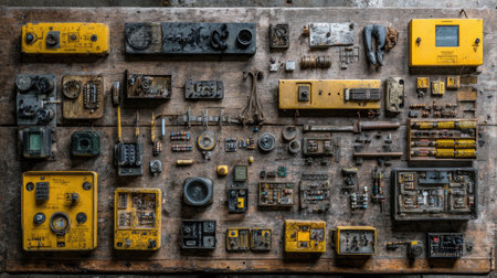 A detailed overhead view of various yellow industrial control panels and electronic components arranged on a rustic wooden surface, showcasing technology and decay.の素材