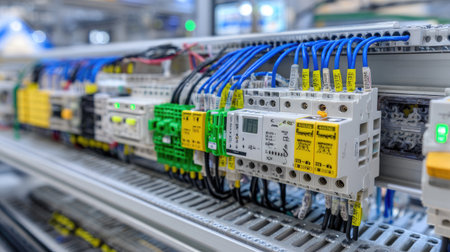 Close-up of an industrial control panel featuring intricate wiring and electrical components, highlighting advancements in automation and electrical engineering within manufacturing.の素材