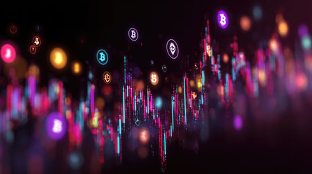 Colorful abstract representation of cryptocurrency trends featuring graphs and icons for popular digital currencies, ideal for finance and trading themes.の素材