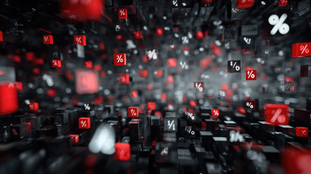 Explore a captivating digital landscape featuring red and black blocks adorned with percentage symbols. This 3D visualization embodies modern technology and finance.の素材