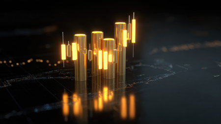 An artistic representation of a golden candlestick chart set against a dark background, symbolizing financial trends, market movements, and trading dynamics in a digital format.の素材