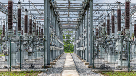 A detailed view of a power substation featuring high voltage transformers and electrical equipment, surrounded by metal fencing, ensuring safety in operations and maintenance.の素材
