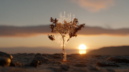 A captivating digital tree emerges from the ground, composed of glowing binary code, set against a breathtaking sunset in a serene desert landscape.の素材