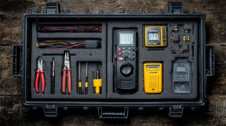 This detailed image showcases a well-organized toolcase filled with essential tools for electricians, including a multimeter, pliers, and various screwdrivers for precise tasks.の素材