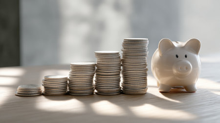 A tranquil scene featuring a stack of coins leading to a piggy bank, symbolizing the growth of savings and the importance of financial planning in everyday life.の素材