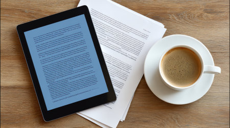 A digital tablet displaying text sits beside a steaming coffee cup and a stack of white papers on a wooden table, creating a cozy atmosphere for work or study.の素材