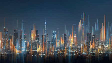 Explore a stunning abstract city skyline featuring vibrant light trails that capture the dynamic energy and essence of modern urban life at night.の素材